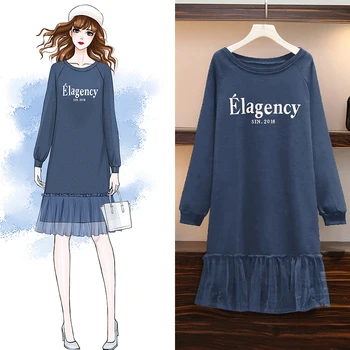 

Spring Plus Large Size Ladies Mesh Patchwork Word Print Fleece Straight Loose Knee-Length Casual Women'S Dress