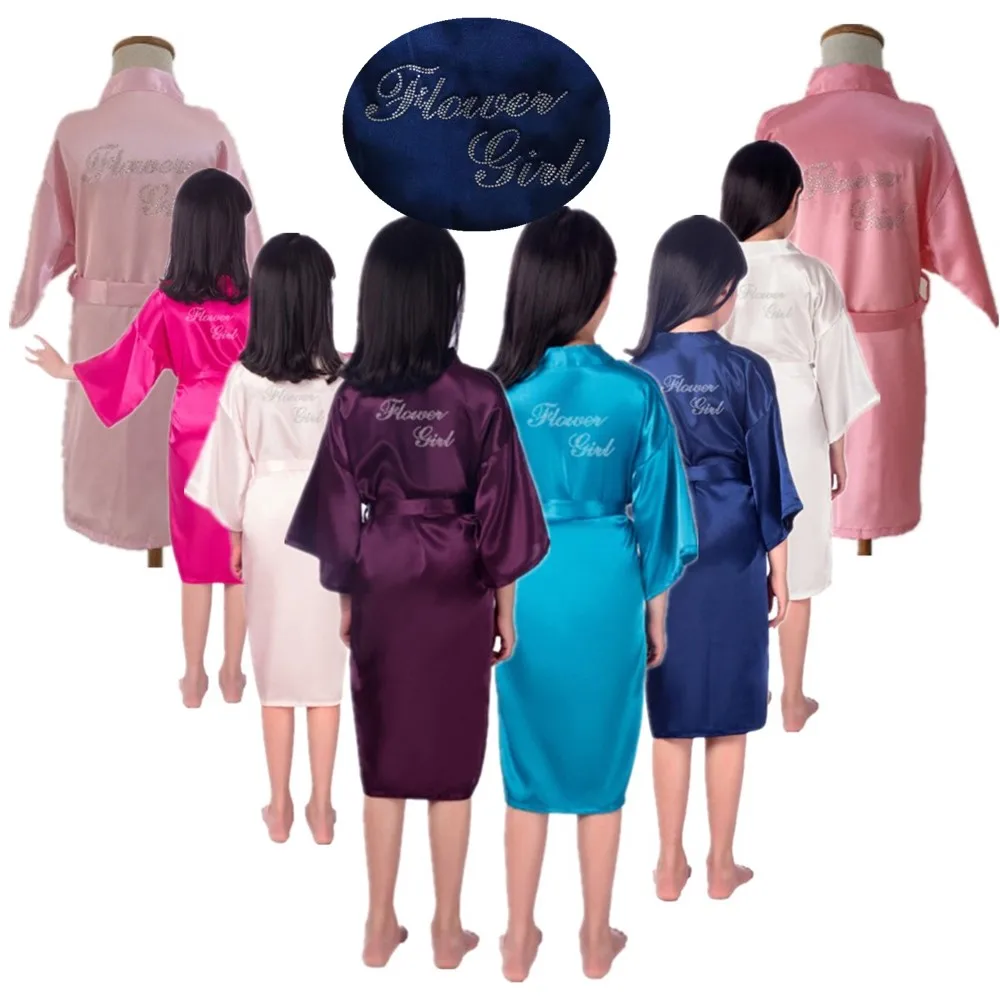 Flower Girl Rhinestones Letter Kimono Satin Silk Kids Robe Children Party Weeding Spa Solid Sleepwear Girls Robes L240