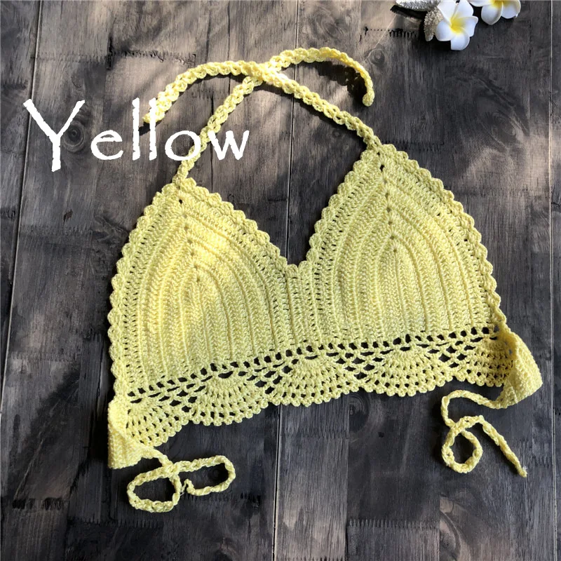 Solid Crochet Bikini Top Women Boho Beachwear Bralette Halter Bikinis Knitted Bra Swimming Bathing Suit Mujer One-Piece Swimwear