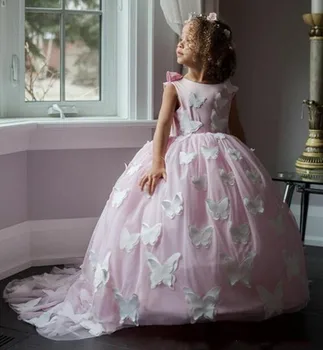 

Pink Flower Girl Dresses With Butterfly Applique V Back Puffy Tulle Long Girls Pageant Dresses Kids Birthday Party Photo shoot