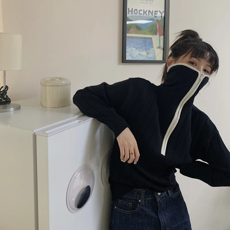 Black Turtleneck Sweater Women 2020 Fall New Korean Lazy Style Loose Casual Long Sleeve short Knit Tops Fashion | Женская одежда