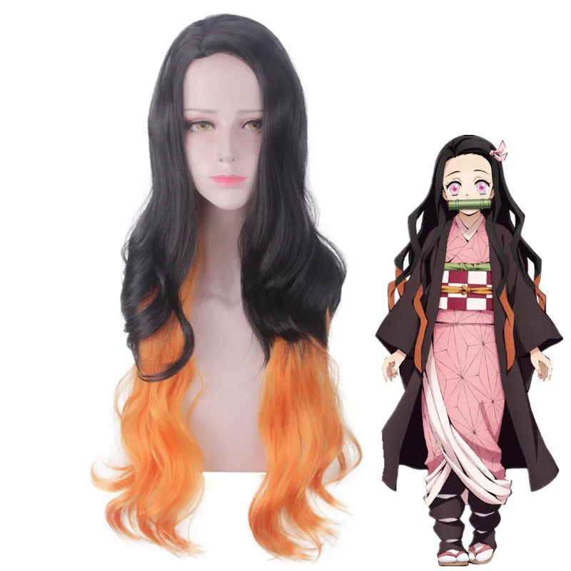 Аниме Demon Slayer: Kimetsu no Yaiba Косплей Костюм Kamado Nezuko кимоно платье униформа синтетические волосы парики длинные для женщин девочек