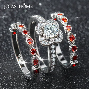 

JoiasHome 925 silver ring creative garnet with flower shape women's couple ring double-layer ring three-piece party gift