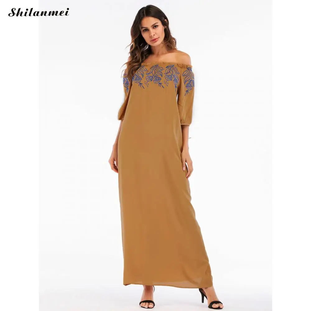 Женское длинное платье с открытыми плечами 3/4 рукав Boho вышивка макси платья женское осеннее желтое длинное хлопковое платье плюс размер