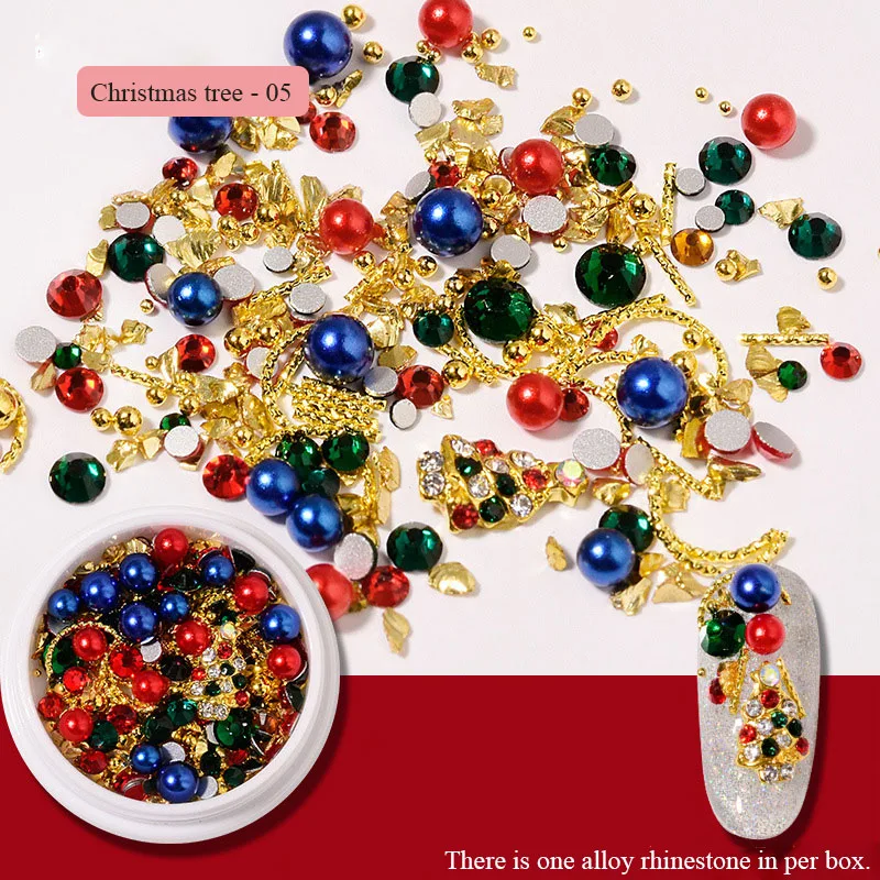 Christmas tree 05 BQAN 1 Box Christmas Nail Art Rhinestones Sequins with 1 Pc Alloy Decor Christmas Tree Christmas Elk Christmas Snowman Nail Tool - Цвет: Christmas tree 05