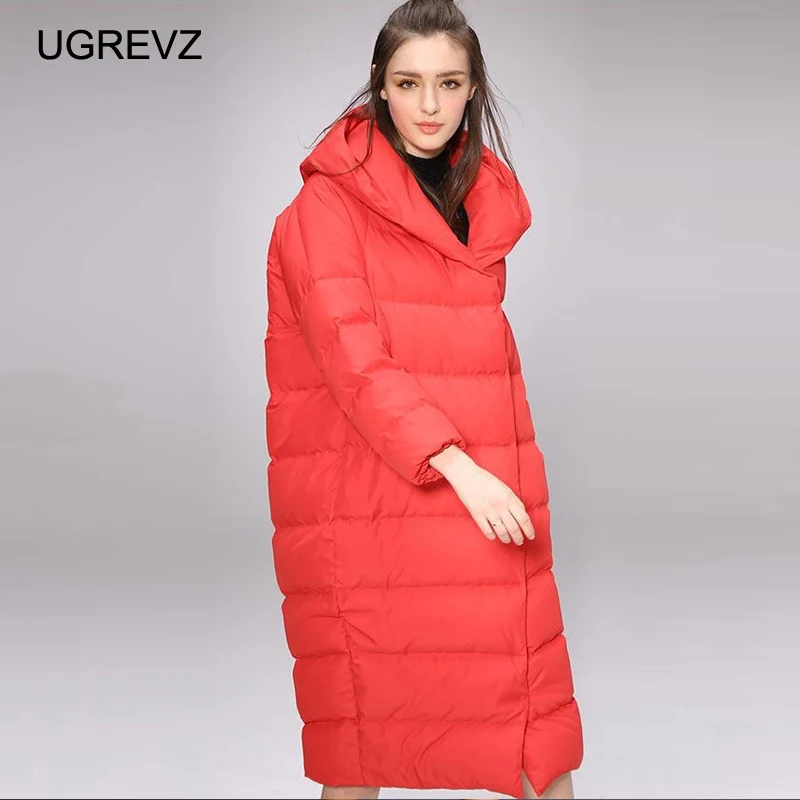 UGREVZ новая осенне-зимняя женская пуховая куртка элегантная однотонная Длинная женская парка на утином пуху Женская Толстая теплая верхняя одежда с капюшоном плюс размер
