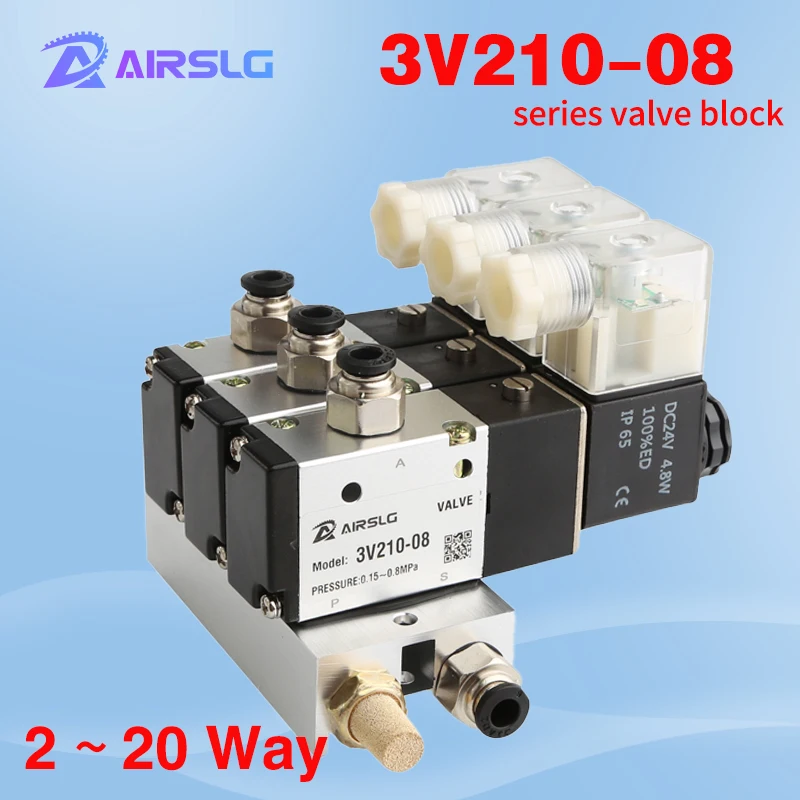 

3V210-08 Electromagnetic 2 ~ 20 Row Solenoid Valve Block With Muffler Fitting Base Manifold DC 12V 24V AC 110V 220V 380V 3 port