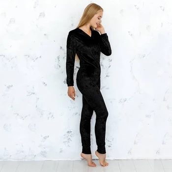 

HECHAN Solid Knitted Velvet Women Pajamas Warm Two Piece Set V Neck Long Sleeve Top With Pants Sleepwear Female Casual Homewear