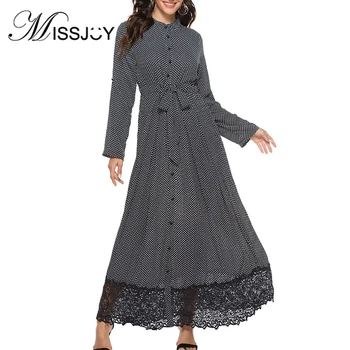 

MISSJOY Women Dresses Long Sleeve Button Cardigan 2019 Fashion Muslim Patchwork Lace Casual Abaya Kaftan Sashes Islamic Clothing