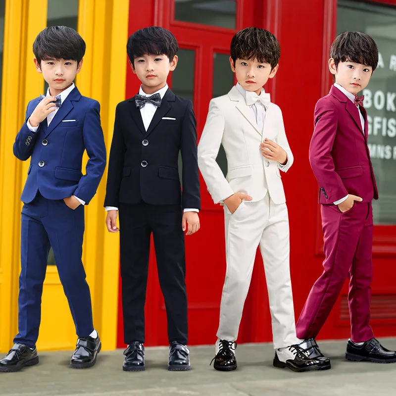Flower Boys Wedding Party Performance Costume Graduation Dress Kids White Baptism Formal Dress Suit Blazer + Pants 2Pcs Outfit