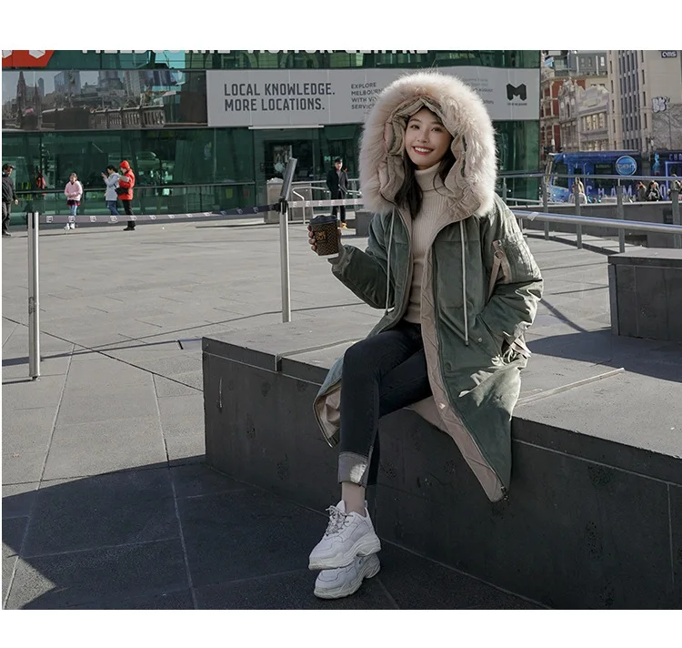 2019chic2018, корейский стиль, Зеленое Длинное пуховое пальто выше колена с лентами, с капюшоном, большой меховой воротник, бархатная хлопковая стеганая одежда для женщин