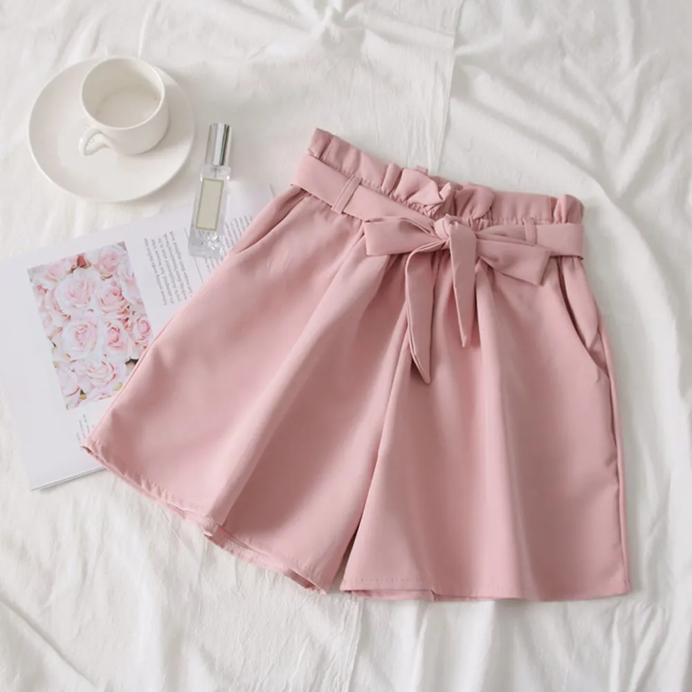 

Nice Summer Women Belt Wide Leg Shorts Korean High Waist Bow Loose Shorts Lace Up Solid Casual Shorts