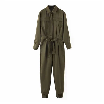 

Lapel ArmyGreen women jumpsuit romper Elegant safari style sash belt female jumpsuit Long sleeve office ladies overalls