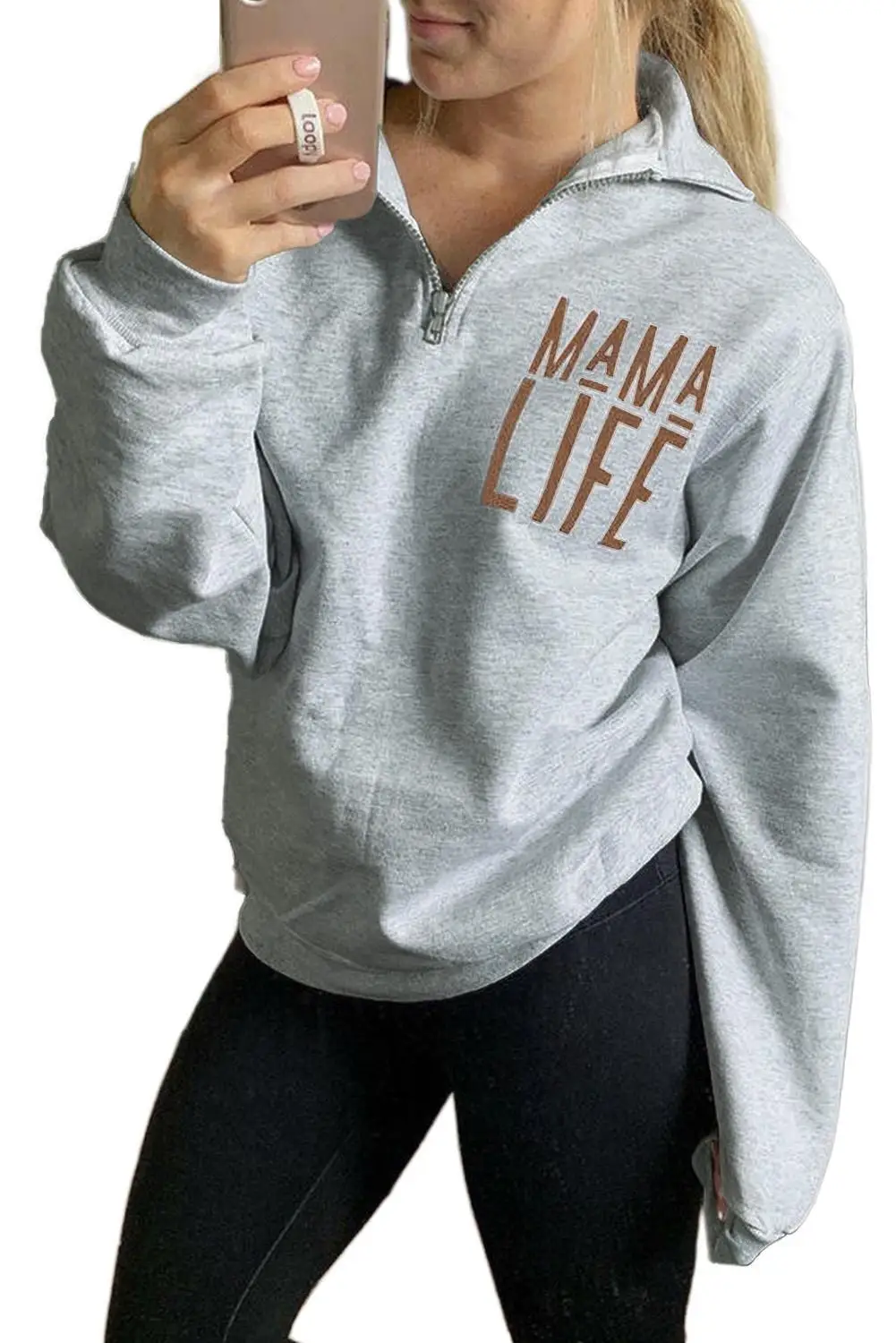 Black/White/Gray Mama Life Letters Print Zipper Sweatshirt 2020 Women Autumn Winter Turn-Down Neck Pullover Casual Sweatshirt