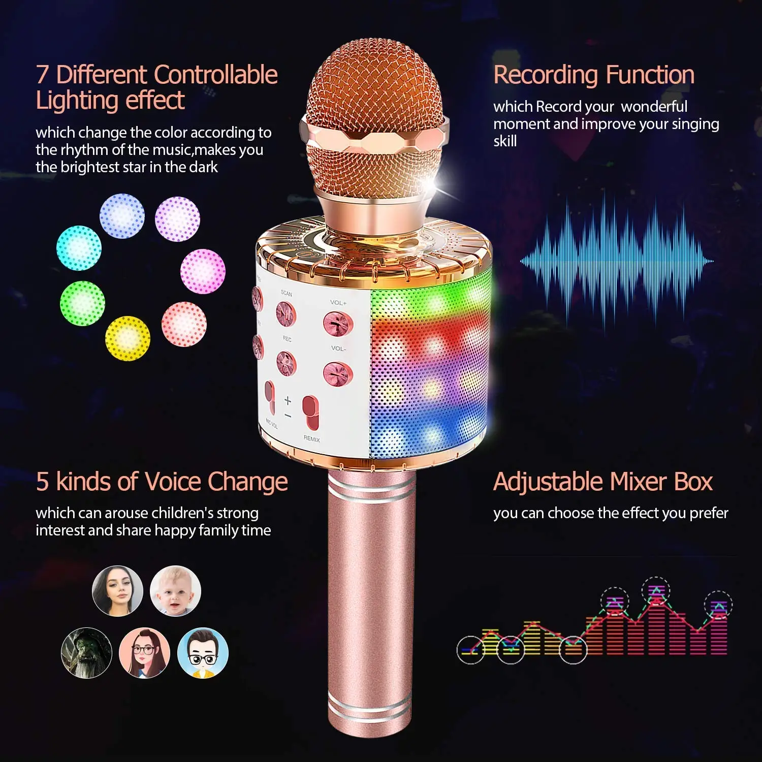 Wireless Karaoke Microphone, 4 in 1 Bluetooth Microphone for Kids With Led Lights Speaker Record Remix Function