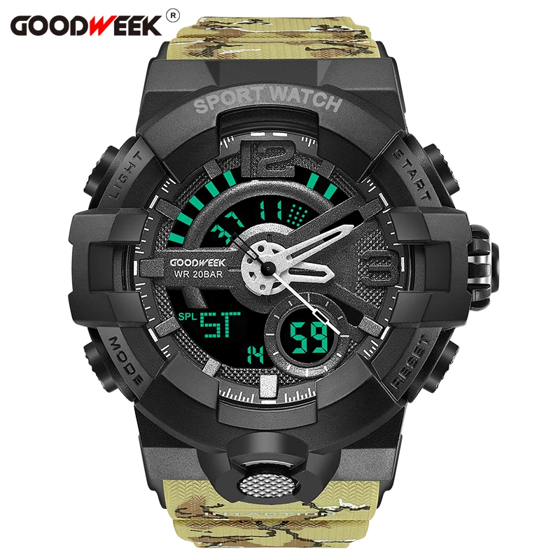 GOODWEEK Men Sport Watch Camouflage S Shock Military Watches Waterproof Multi-functional Dual Display Watches Relogio Masculino - Цвет: khaki
