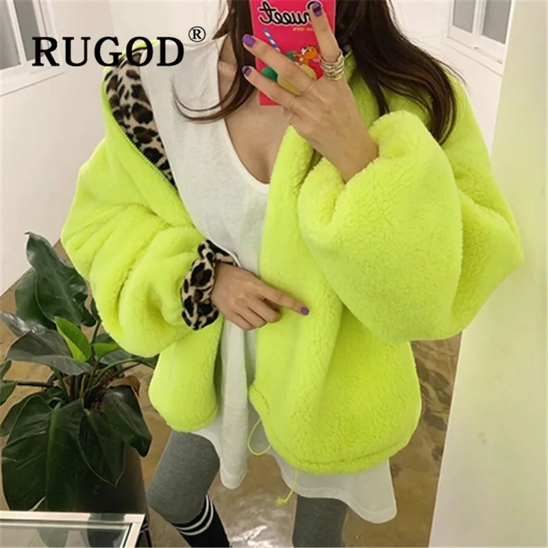 Женская флуоресцентная куртка RUGOD зеленое шерстяное пальто с леопардовым