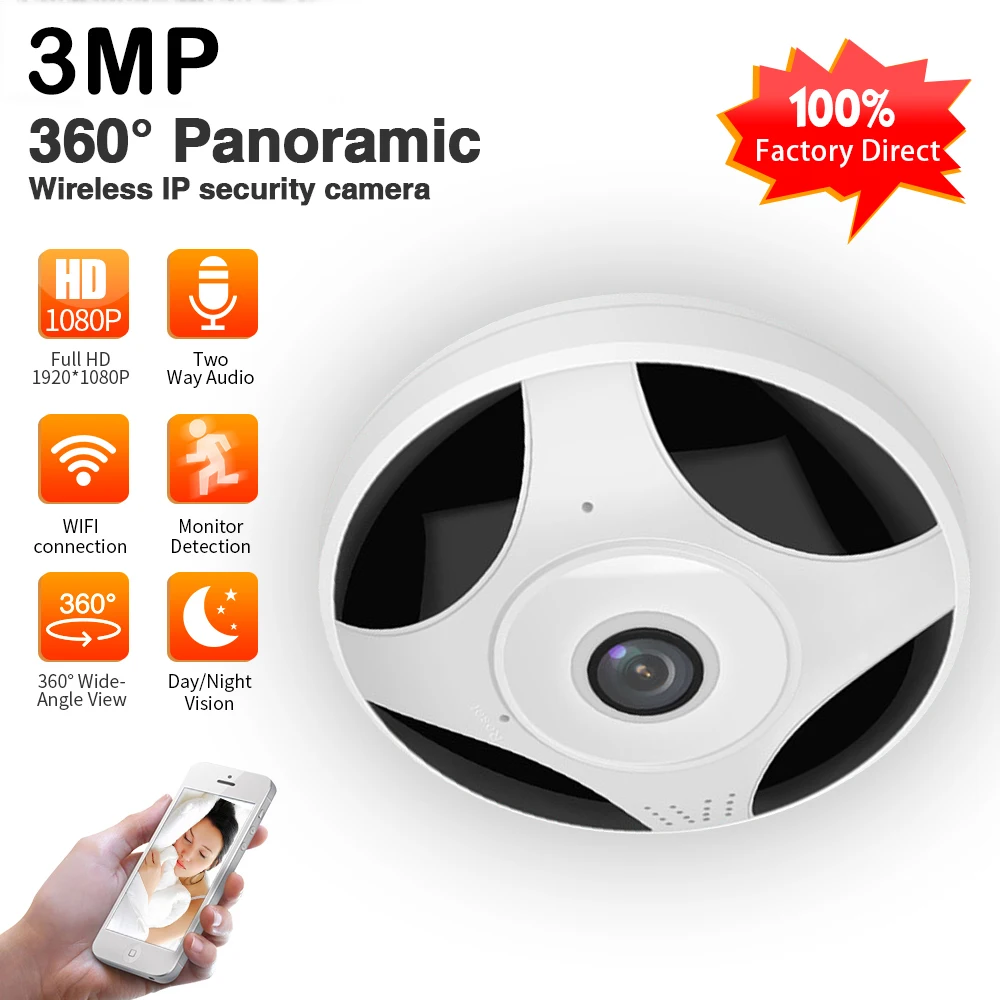 360 3MP Wifi IP панорамная камера рыбий глаз HD 1080P Беспроводная Мини P2P ИК Ночное Видение