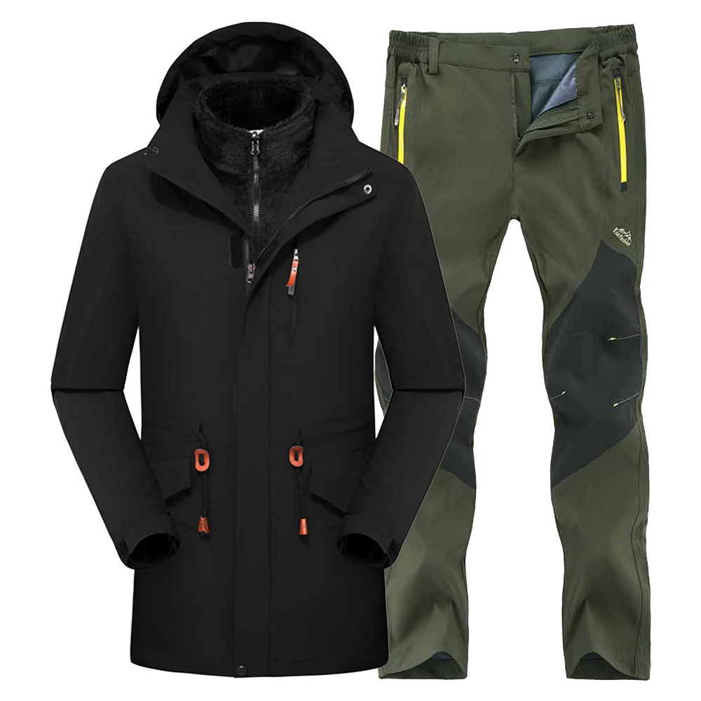 Black Army Green Зимняя Треккинговая лыжная куртка, набор мужских теплых походных курток, уличная спортивная одежда, водонепроницаемые пальто, одежда с капюшоном, походные брюки - Цвет: Black Army Green