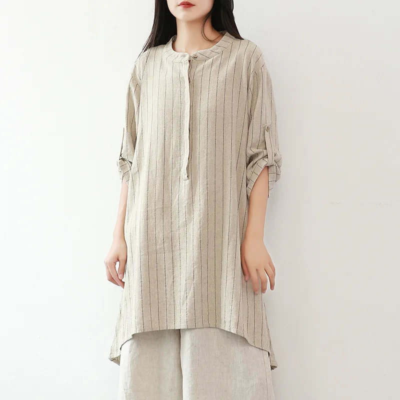 

2019 Autumn Cotton Linen WOMEN'S Dress Stripes Front Short Long Back Loose-Fit New Style Brand Origional Long Skirts Wholesale