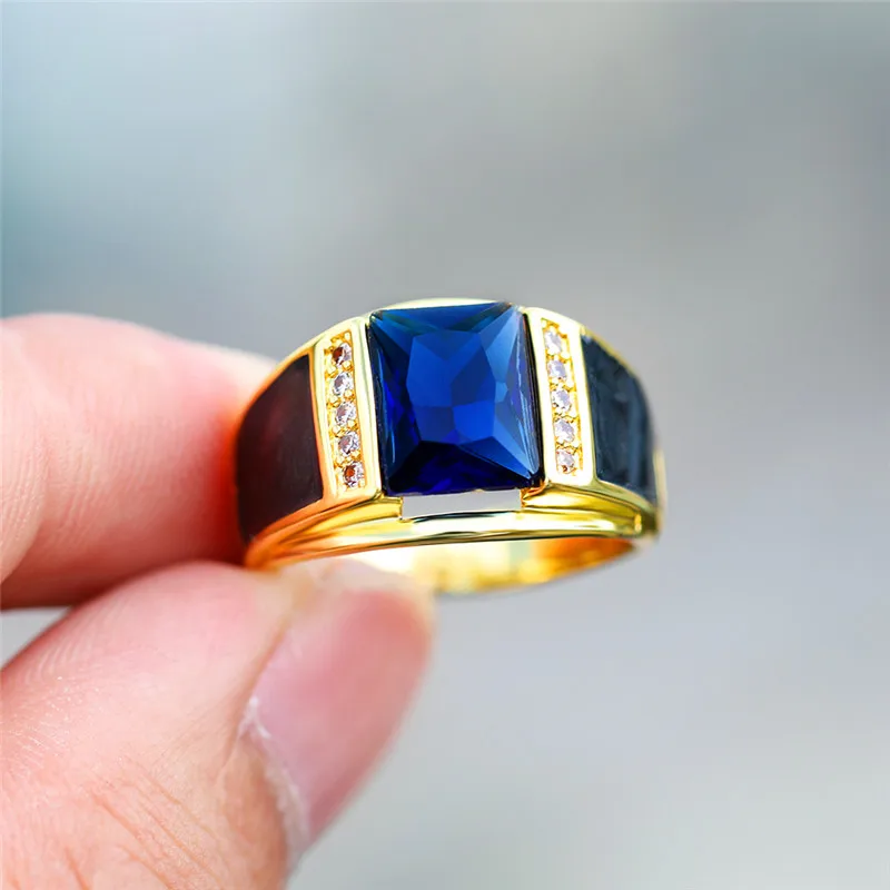 Винтажное мужское Большое Квадратное кольцо с голубым цирконом, роскошные вечерние кольца желтого золота, модные обручальные кольца для мужчин