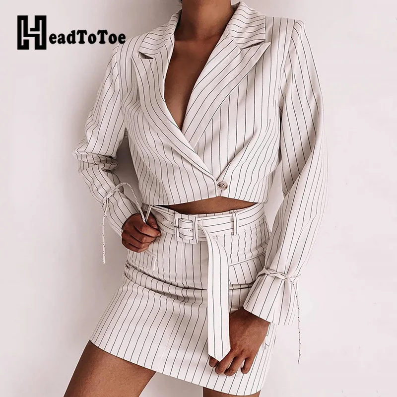 

Striped Women Two Pieces Set Sexy Lace Up V Neck Blazer Tops & Mini Skirt Set Female Elegant Autumn Office Workwear