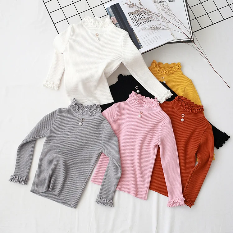 

2019 Autumn And Winter New Style Childrenswear Half-Turtle-Neck Sweater Girls Versatile Long Sleeve Frilled Pearl Sweater Cotton
