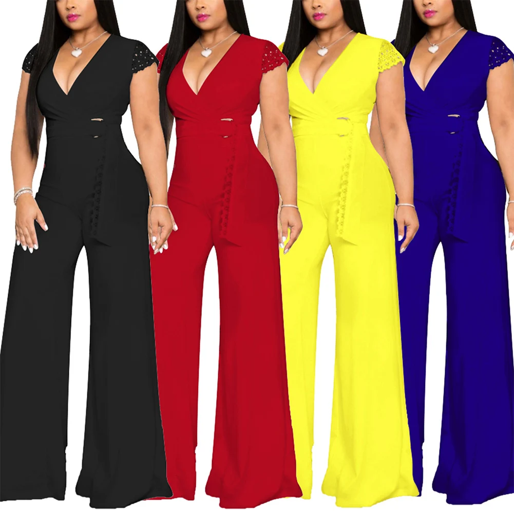 

Fadzeco Women Sexy V Neck Bodycon Jumpsuit Clubwear Solid Short Sleeve Elegant Party Rompers High Waisted Wide Leg Pants