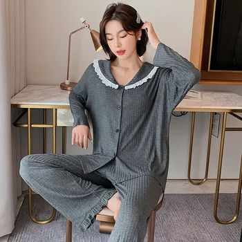 

Nightie for Women 2020 Spring and Autumn New Women's Trend Solid Color Long-sleeved Trousers Pajamas Home Suit Women Sexy Pjs