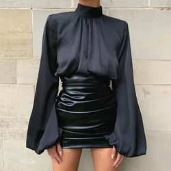 Camiseta de manga corta estilo europeo y americano para otoño e invierno, partes superiores nuevas, Ins, cuello alto, holgado, Color sólido, linterna Umbilical