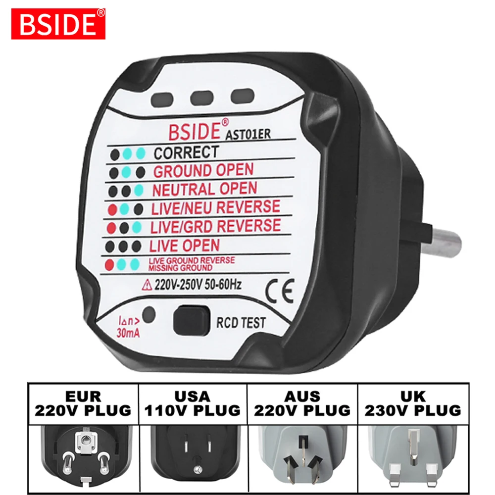 Bside Ast01 Tester Per Prese Elettriche Eu Us Uk Au Spina Rcd Gfci Presa Di Prova Terra Zero Linea Spina Polarità Fase Controllo A Parete