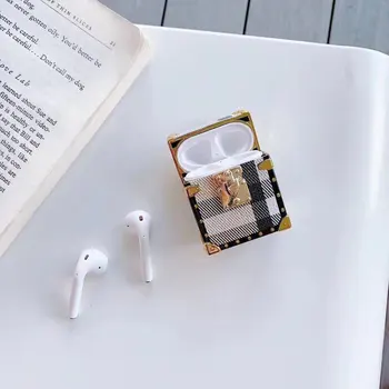 

Luxury Striped Grid Stand Vintage Earphone Case for Apple Airpods 1/2 Protect Shockproof Case Square Metal Rivet Shockproof
