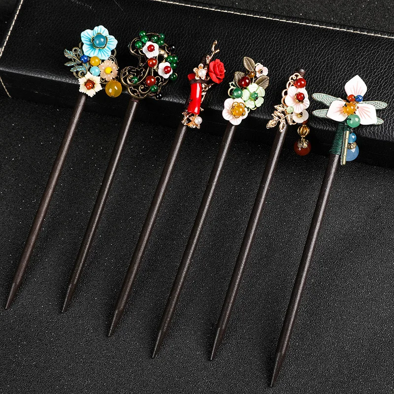 Chinese Ethnic Ancient Wood Hairpin Headwear Tassel Flower Handmade Luxury Hair Sticks Women
