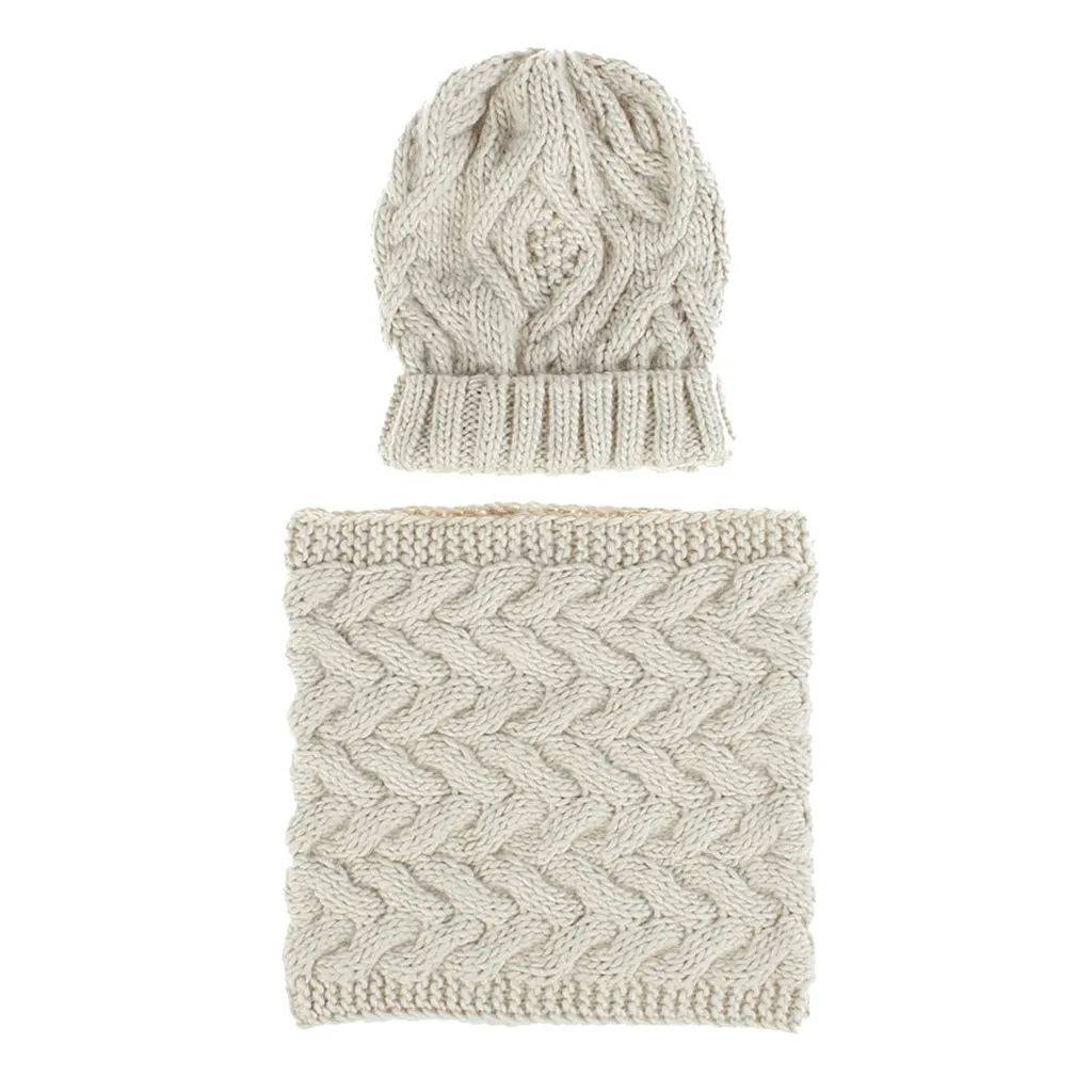 Beige Шапка и шарф Топ женский из двух частей чистый цвет вязаная шапка сохраняет тепло шейный платок зимняя шапка - Цвет: Beige
