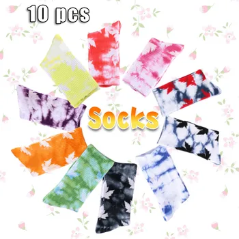 

CHAMSGENDTie Dyed Print Stockings 10 Pair Women's Casual Cotton Socks Maple Leaf Printed Stockings Cotton Warm skarpetki damskie