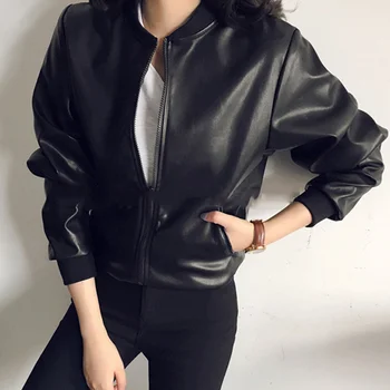 

Women's Black PU Leather Faux Leather Jacket Spring Autumn Style O Neck Korean Student Short Leather Jacket Tide Bomber Jacket