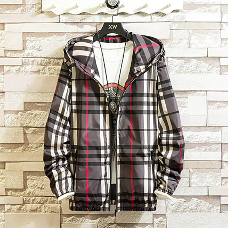 Men Fashion Youth Korean Version Leisure Stripe Lattice Hooded Jacket Outdoor Sports Loose Comfortable Slim Trend Jacket Men - Цвет: Серый
