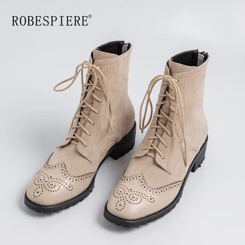 

ROBESPIERE Winter Shoes Genuine Leather Woman Ankle Boots Brogue Shoes Lace Up Ladies Martin Boots For Women Thick Heels B149
