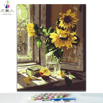 

DIY Paints by numbers windowsill sunflower pictures paintings colors by numbers on canvas with kits 40x50 framed for wall decor