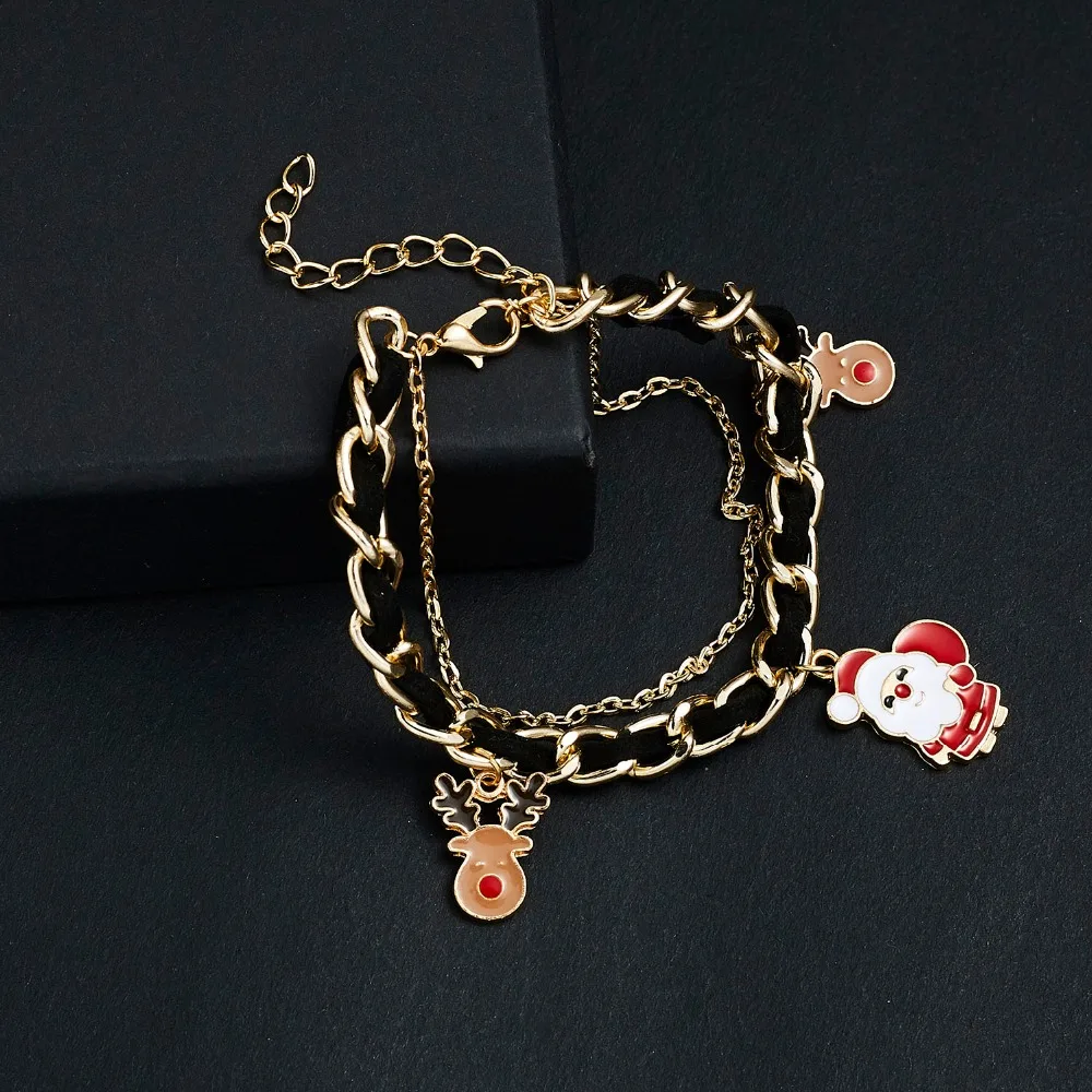 Rinhoo, Рождественский браслет, Санта Клаус, Рождественская елка, лось, очаровательные браслеты, черное звено веревки, браслет-цепочка, подарок на год, Женские Ювелирные изделия