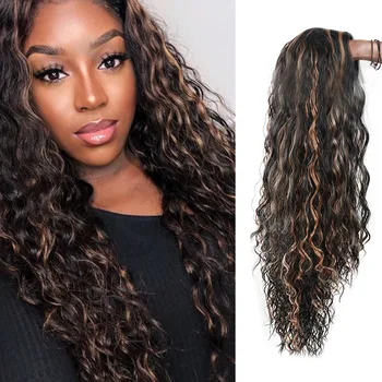 

Long Womens Wigs Ombre Brown plus gold Wigs Heat Resistant Part Side Synthetic Curly Two Tone Natural Middle Part Wig
