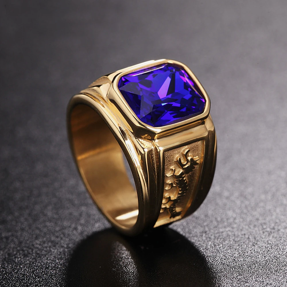 Creative Design Square Black Red Stone Men's Ring Punk Retro Gold Color Double Dragon Stainless Steel Rings Amulet Jewelry Gift finger ring stainless steel ring ring set gold color ring gold color rings