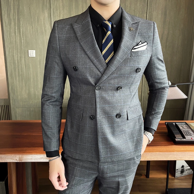 Latest Casual Plaid Men Suit 2021 Slim Fit Double Breasted 3 Pieces Formal Business Men's Set Costume Homme (Blazer+Vest+Pants)