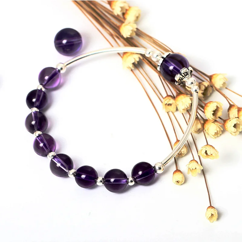 

Amethyst Beads Natural Stone Bracelet For Women With Bend Tube Real 925 Sterling Silver Bracelet Pulsera Hombre