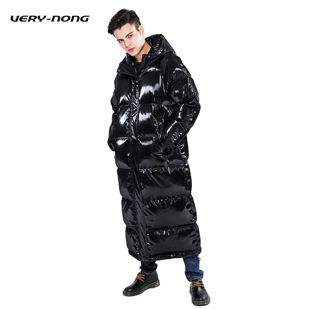 VERY-NONG мужской/женский зимний пуховик из лакированной кожи, глянцевый толстый длинный пуховик на белом утином пуху, пуховик с капюшоном, теплая пуховая куртка - Цвет: Черный