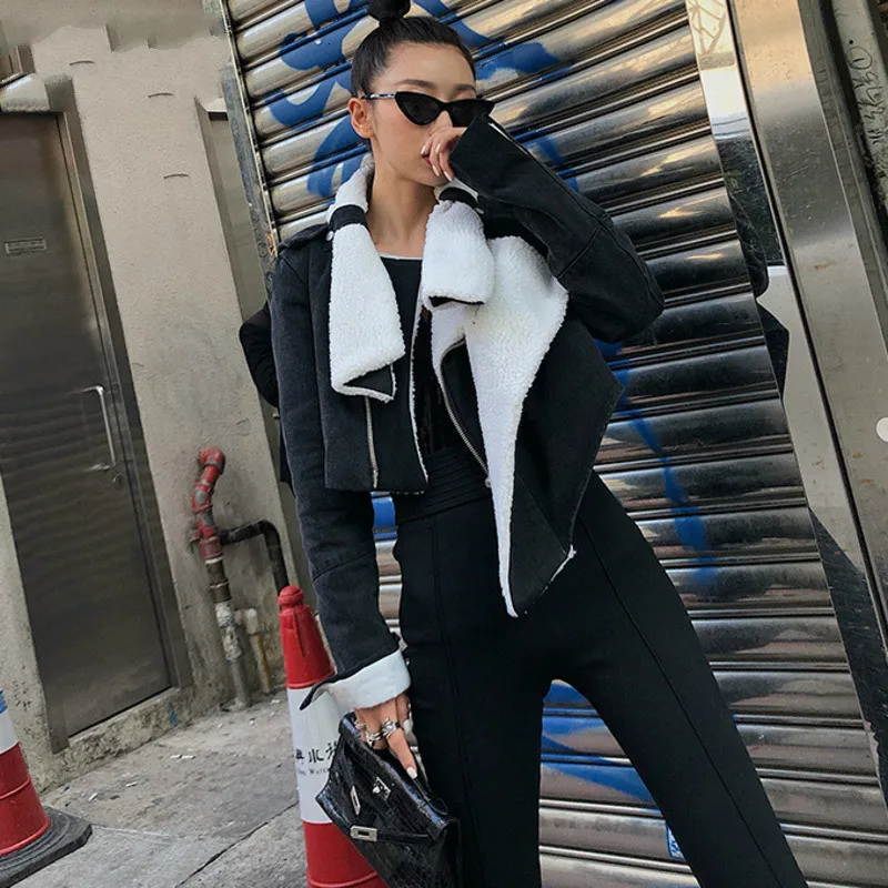 [TVVOVVIN] осень зима Женская мода тренд узор Harajuku черный короткий прямой деним плюс бархат шерстяная куртка