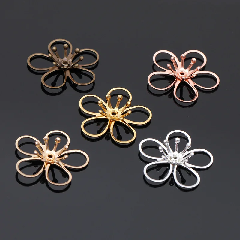 

20pcs 21mm Flower Beads Caps Copper Filigree Hollow Out Flowers Base Hair Accessories Handmade Craft for Jewelry Making DIY