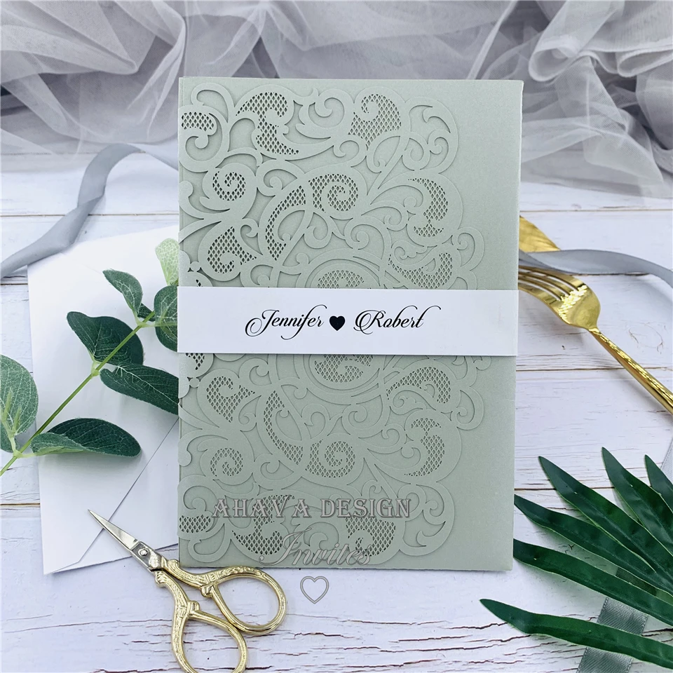 

Modern Silver Tri-fold Laser Cut Wedding Invites With Personalized Belly Band