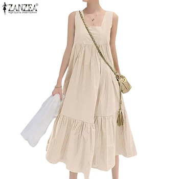 

Ruffles Hem Dresses ZANZEA Women Cotton Dress 2020 Summer Beach Sundress Casual Solid Long Maxi Tanks Vestidos Robe Femme Kaftan