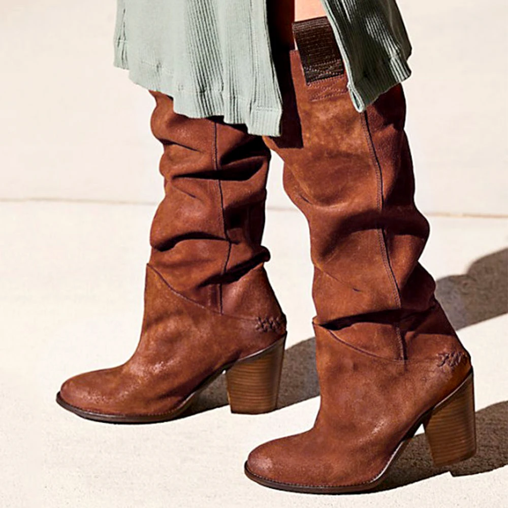 PUIMENTIUA/ г. Женские Сапоги выше колена зимняя обувь на толстом каблуке пикантные женские сапоги из эластичной ткани с острым носком Размеры 35-43 - Цвет: Brown B